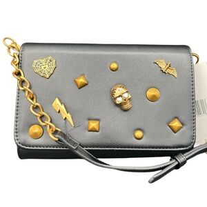 Betsey Johnson Black Leather Crossbody Bag w/ Gold Stud & Halloween Stud Accents